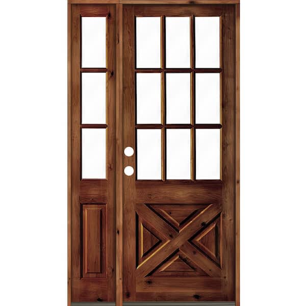 Krosswood Doors 50 in. x 96 in. Alder 2-Panel Right-Hand/Inswing Clear Glass Red Chestnut Stain Wood Prehung Front Door w/Left Sidelite