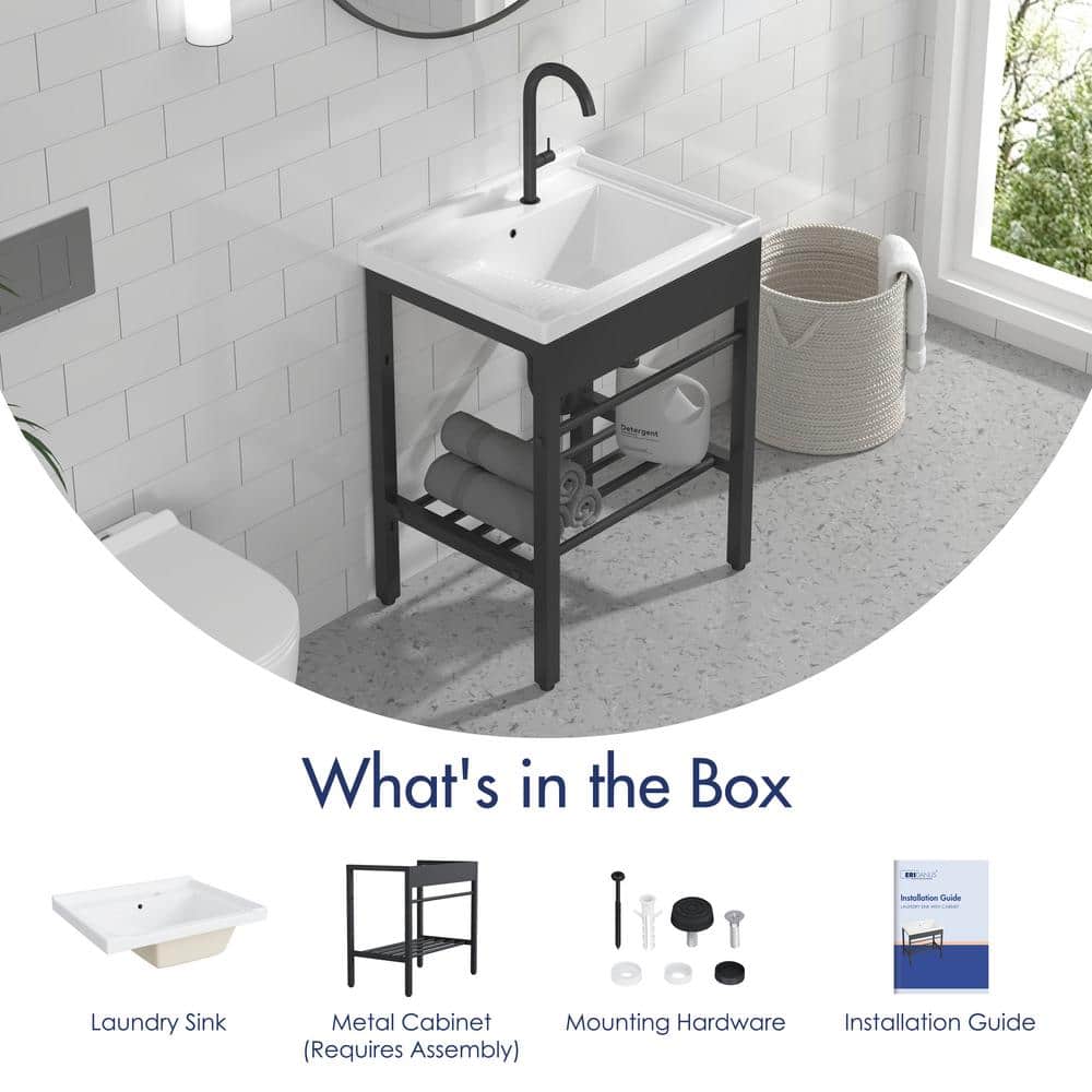 24" White Ceramic Freestanding Laundry Sink with Black Metal Frame