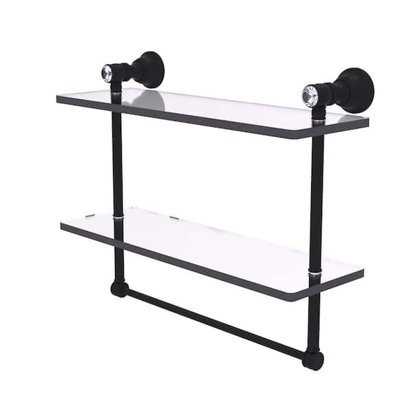 Allied Brass Carolina Crystal Collection 16 in. W x 9.5 in. H x 5.54 in. D Glass Rectangular Shelf in Matte Black with Towel Bar