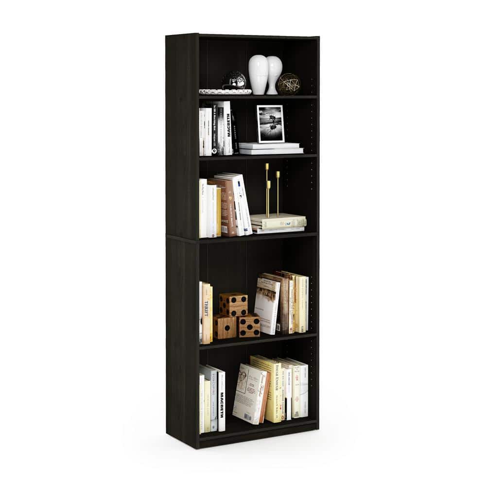 Espresso Adjustable 5-Shelf Wooden Bookcase with Storage Cubes