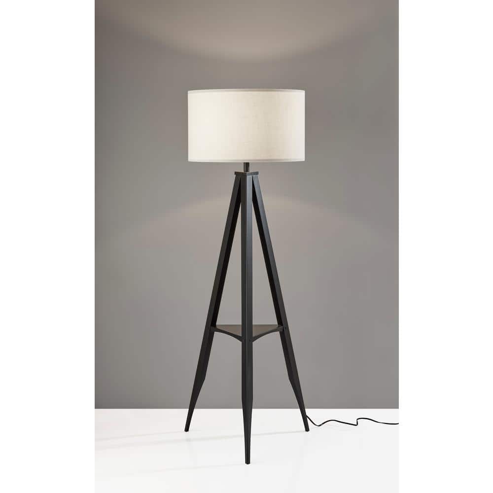 Black Metal Tripod Floor Lamp with Off-White Shade and Shelf