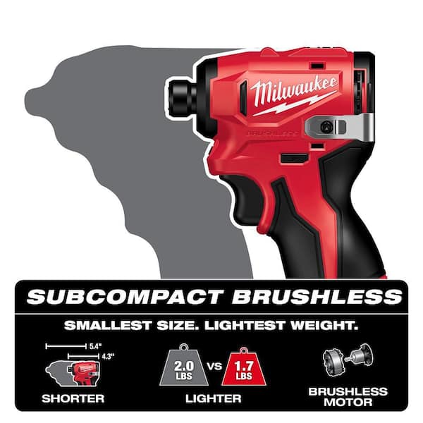 M12 12-Volt Lithium-Ion Compact Brushless Cordless 1/4 in. Impact Driver Kit w (2) 2.0 Ah Batteries, Charger & Tool Bag