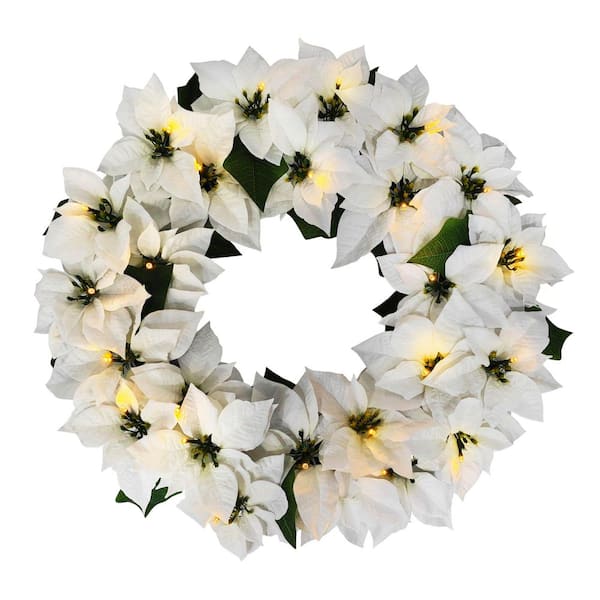 24 in. Pre-Lit Battery-Operated White Poinsettia Artificial Christmas Wreath