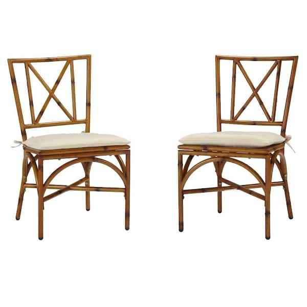 Home Styles Bimini Jim Natural Bamboo Aluminum Patio Dining Chair with Cream Cushion (2-Pack)