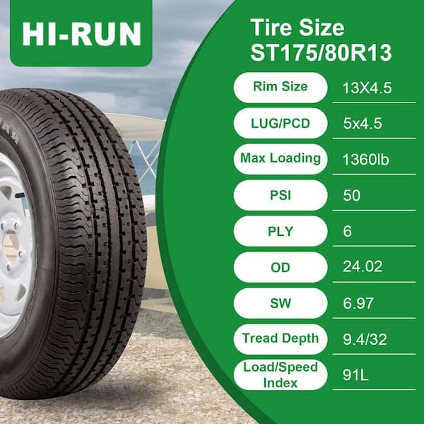 Hi-Run Radial Trailer Tire Assembly, ST175/80R13,5-Hole, LRC 6PR