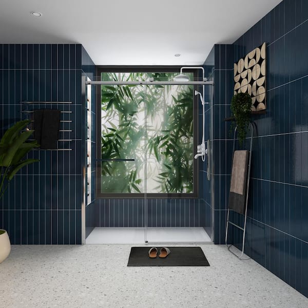 60 in. W x 76 in. H Double Sliding Frameless Glass Shower Door/Enclosure in Chrome with Towel Bar