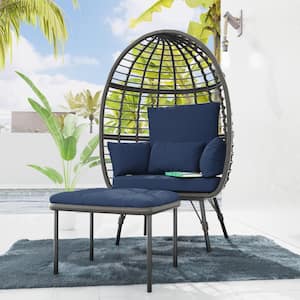 Outdoor Wicker Egg Chair with Blue Cushions and Footrest