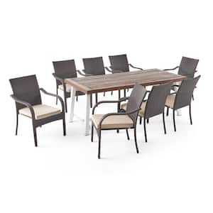 Fowler 30 in. Dark Brown 9-Piece Metal Rectangular Outdoor Dining Set with Beige Cushions