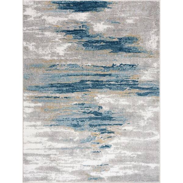 HAUTELOOM Liverpool Collection 2 ft X 3 ft. Blue, Gray, Off White, Mustard Marble Modern