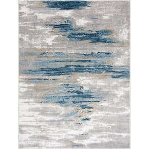 Liverpool Collection 7 ft X 9 ft. Blue, Gray, Off White, Mustard Marble Modern Abstract Contemporary Style Area Rug