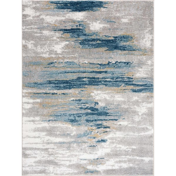 Liverpool Collection Blue, Gray, Off White 5 ft X 7 ft. Modern Abstract Contemporary Living Room Area Rug
