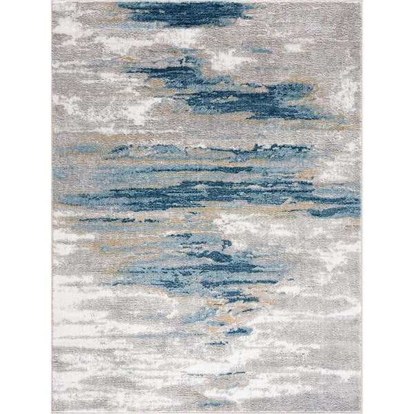HAUTELOOM Liverpool Collection 8 ft X 10 ft. Blue, Gray, Off White, Mustard Marble Modern Abstract Contemporary Style Area Rug