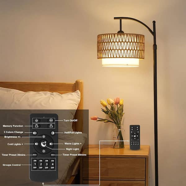 65 in. Black Modern 1-Light LED Energy Efficient Arc Standard Floor Lamp Rattan Shade with APP Remote Dimmable Bulb