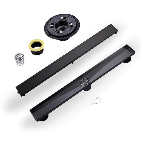 24 in. Stainless Steel Linear Shower Floor Drain with Drain Base, Hair Strainer and Adjustable Feet in Matte Black