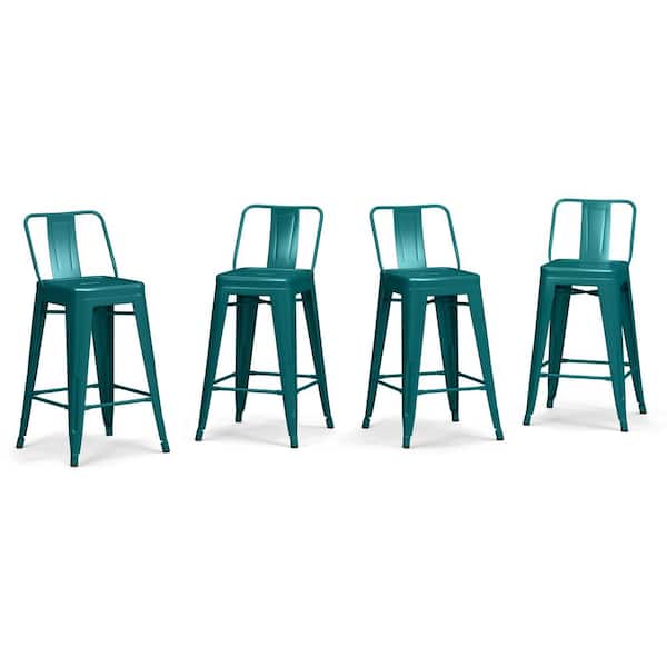 Simpli Home Rayne Industrial Metal 24 in. Metal Counter Height Stool (Set of 4) in Teal Blue
