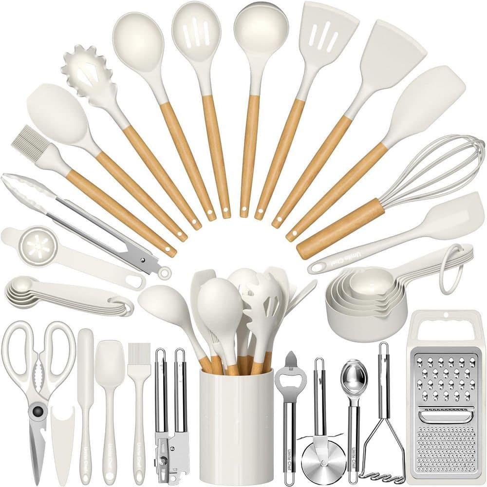 Wudkey Cream White Silicone Kitchen Utensil Set, 34-Piece Heat