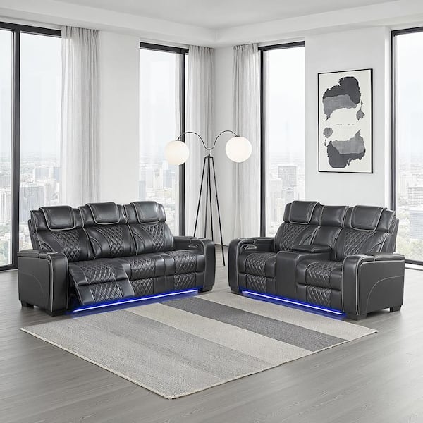 Cassian 84.5 in W Pillow Top Arm Leather Rectangle 2-Piece Power Reclining Sofa Set with Power Headrest in Black