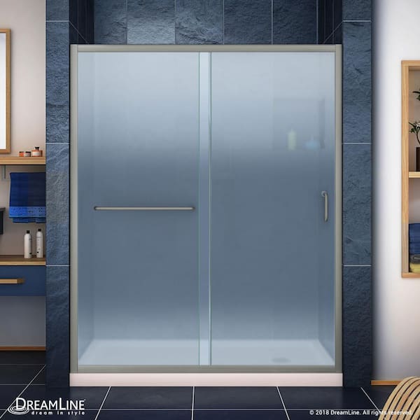 DreamLine Infinity-Z 30 in. x 60 in. Semi-Frameless Sliding Shower Door in Brushed Nickel with Right Drain Shower Base in Biscuit