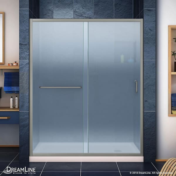 DreamLine Infinity-Z 32 in. x 60 in. Semi-Frameless Sliding Kit Shower Door with Right Drain Shower Base in Biscuit