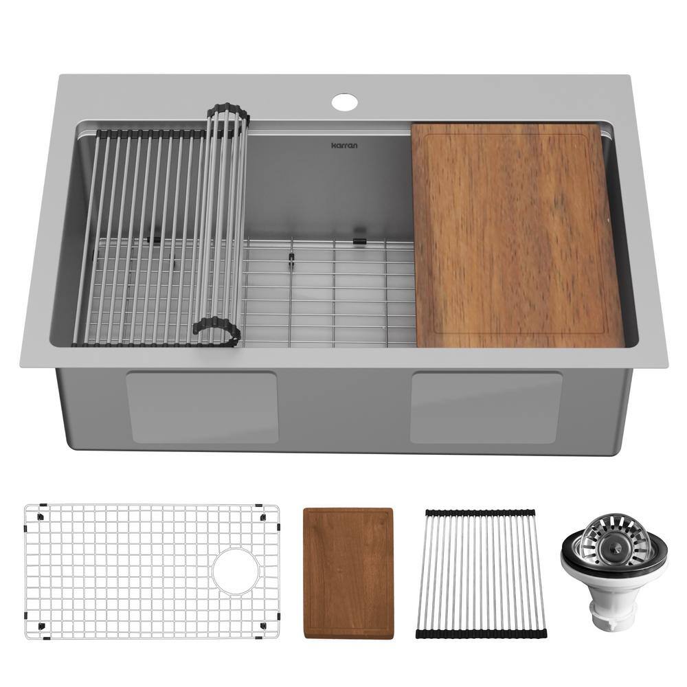 Karran 33 in. Drop-In Single Bowl 16-Gauge Stainless Steel Workstation ...