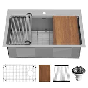 33 in. Drop-In Single Bowl 16-Gauge Stainless Steel Workstation Kitchen Sink