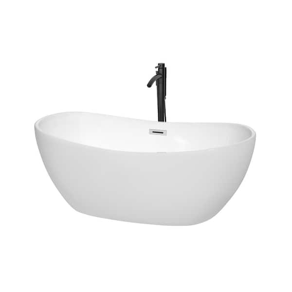 Wyndham Collection Rebecca 60 in. Acrylic Flatbottom Bathtub in White with Polished Chrome Trim and Matte Black Faucet