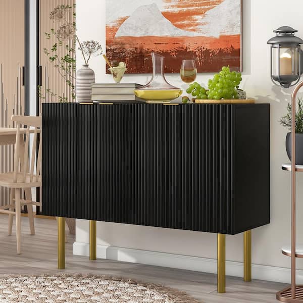 Harper & Bright Designs Black Wood 47.2 in. W Simple and Luxury Sideboard with Adjustable Shelves, Gold Metal Legs and Handles