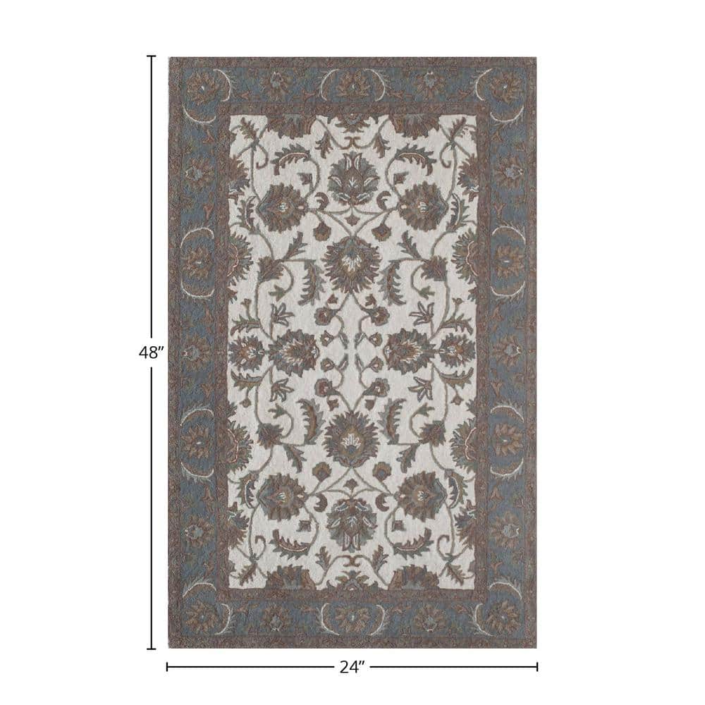 Ivory and Light Blue Handmade Wool Oriental Rug, 2' x 4'