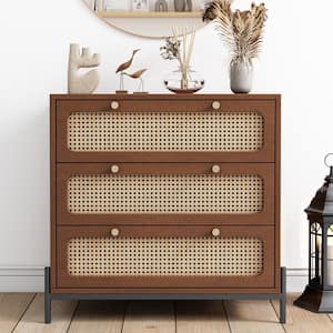 30 in. W x 15.7 in. D x 30 in. H Walnut Brown Wood Linen Cabinet with 3 Rattan Drawers and Legs