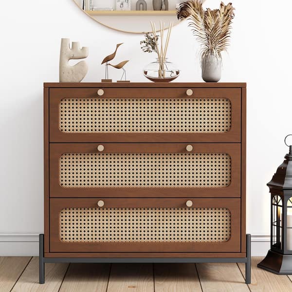 Unbranded 30 in. W x 15.7 in. D x 30 in. H Walnut Brown Wood Linen Cabinet with 3 Rattan Drawers and Legs