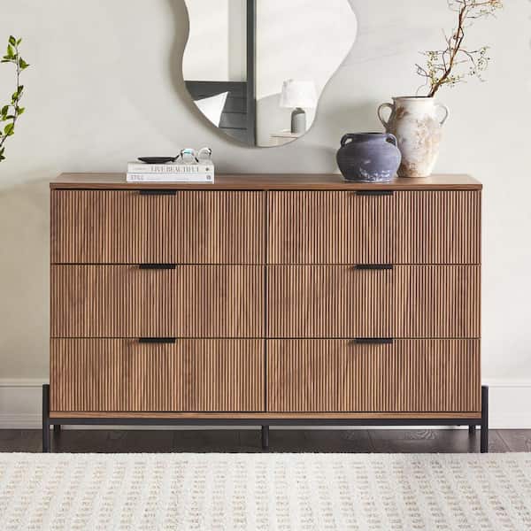 Walker Edison Furniture Company Mid-Century Modern Mocha 6-Drawer 58 in. W Dresser with Reeded Front