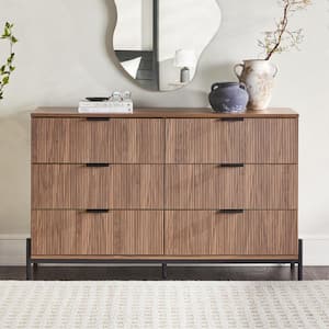 Mid-Century Modern Mocha 6-Drawer 56 in. W Dresser with Reeded Front