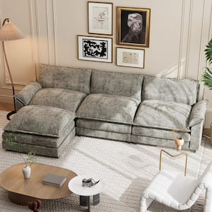 118 in. Chenille Flared Arm L-Shaped Deluxe Pillow-Styled Modular Sectional Sofa in Paris Gray with Ottoman