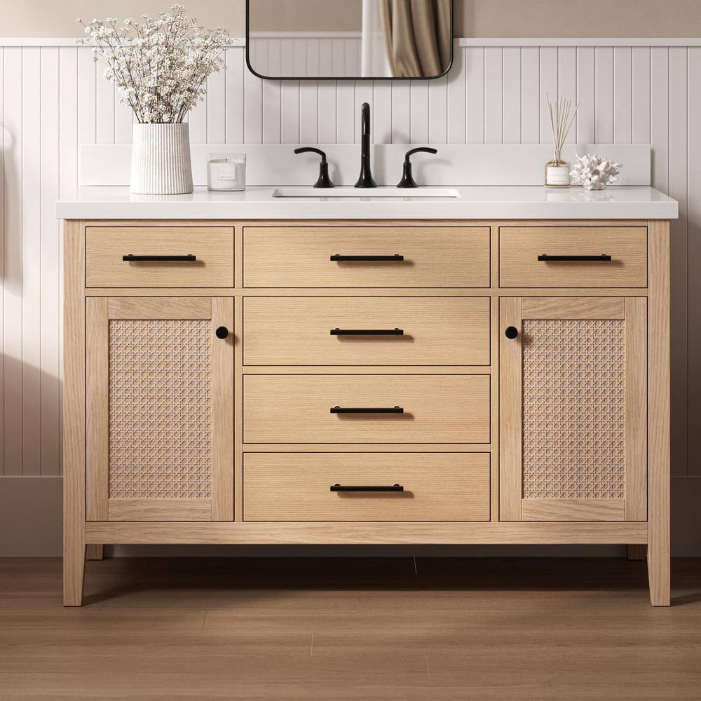 Camila 55" Light Brown Oak Freestanding Bathroom Vanity with White Quartz Top