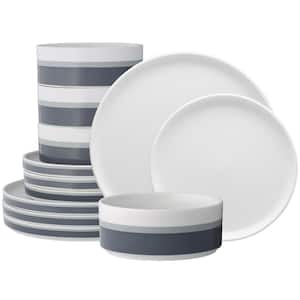 ColorStax Stripe Grey Porcelain Stax 12-Piece Dinnerware Set Service for 4