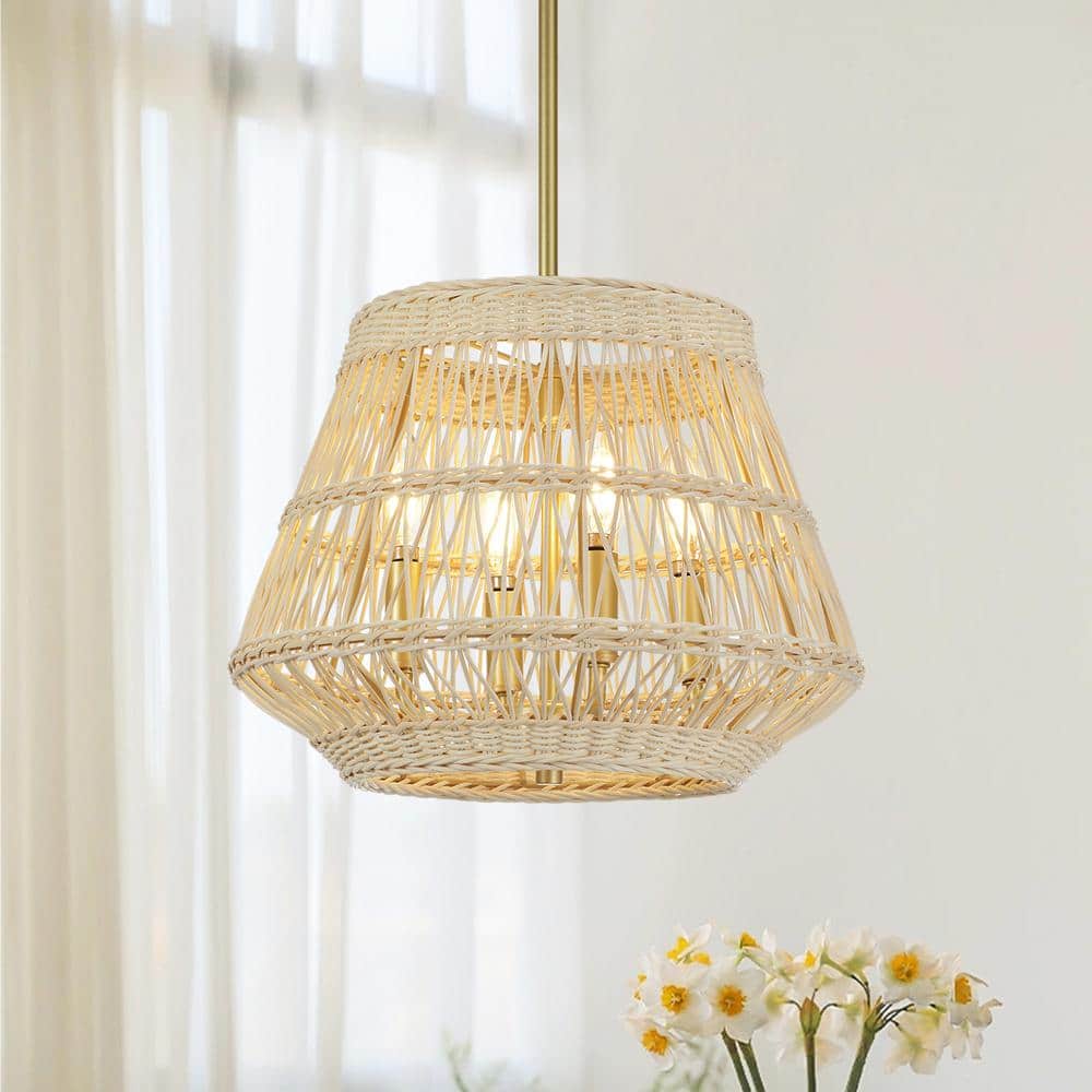 Prime Ray 4-Light Bohemian Rattan Chandelier with Gold Finish - Geometric Glow