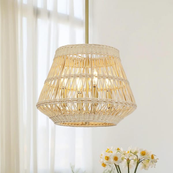 Prime Ray Selene 14 in. 4-Light Bohemian Geometric Rattan Chandelier Pendant Light with Gold Finish and Convertible Design
