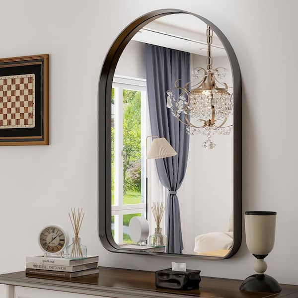Morden Black 26 in. W x 38 in. H Arched Aluminum Alloy Frame Vanity Wall Mirror
