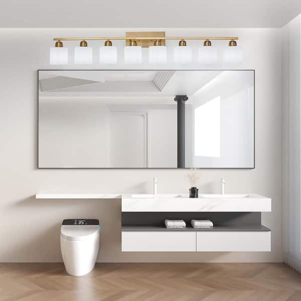 52 in. 8-Light Gold Bathroom Vanity Light Fixture with Milky White Frosted Glass Shades, no bulbs included