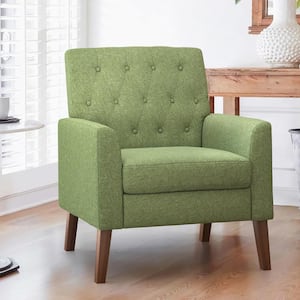 Green Linen and Walnut Legs Mid Century Modern Button Tufted Accent Chair