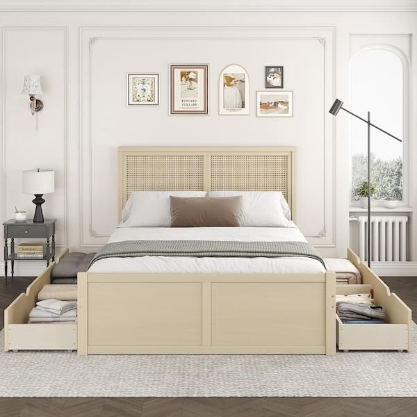 Qualler Antique Nature Brown Wood Frame Queen Size Platform Bed with 4 Drawers and Rattan Headboard