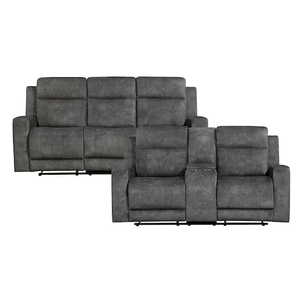 Clemencia 80 in. W. Straight Arm Microfiber Rectangle 2-Piece Manual Reclining Sofa Set in Brownish Gray