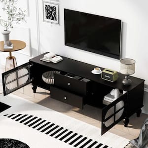 Black TV Stand Fits TV's up to 75 in. with Fluted Glass Doors, Five Solid Wood Legs