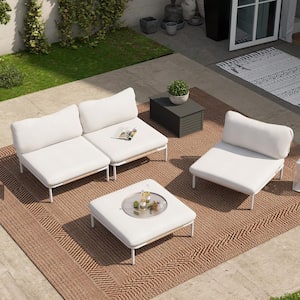 4-Piece Drawcord Metal Outdoor Sectional Set with Beige Cushions