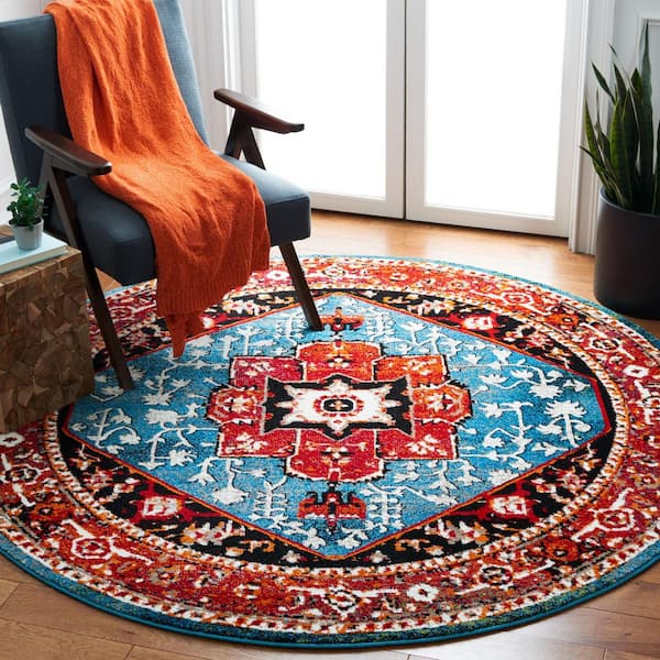 Vintage Hamadan 7 ft. x 7 ft. Red/Blue Medallion Ornate Round Area Rug