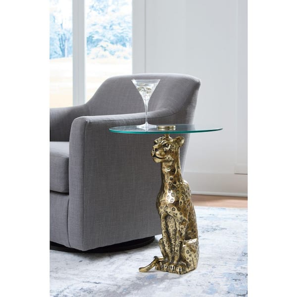 Vallain 18 in. Gold Round Glass End Table with Pedestal Base