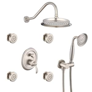 4-Spray Square High Pressure Deluxe Wall Bar Shower Kit with Hand Shower and 4-Body Spray in Brushed Nickel