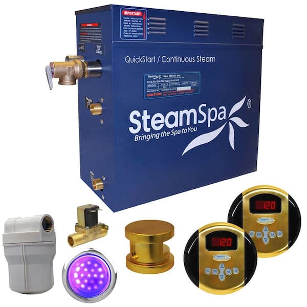 SteamSpa Royal 7.5kW QuickStart Steam Bath Generator Package with Built-In Auto Drain in Polished Gold