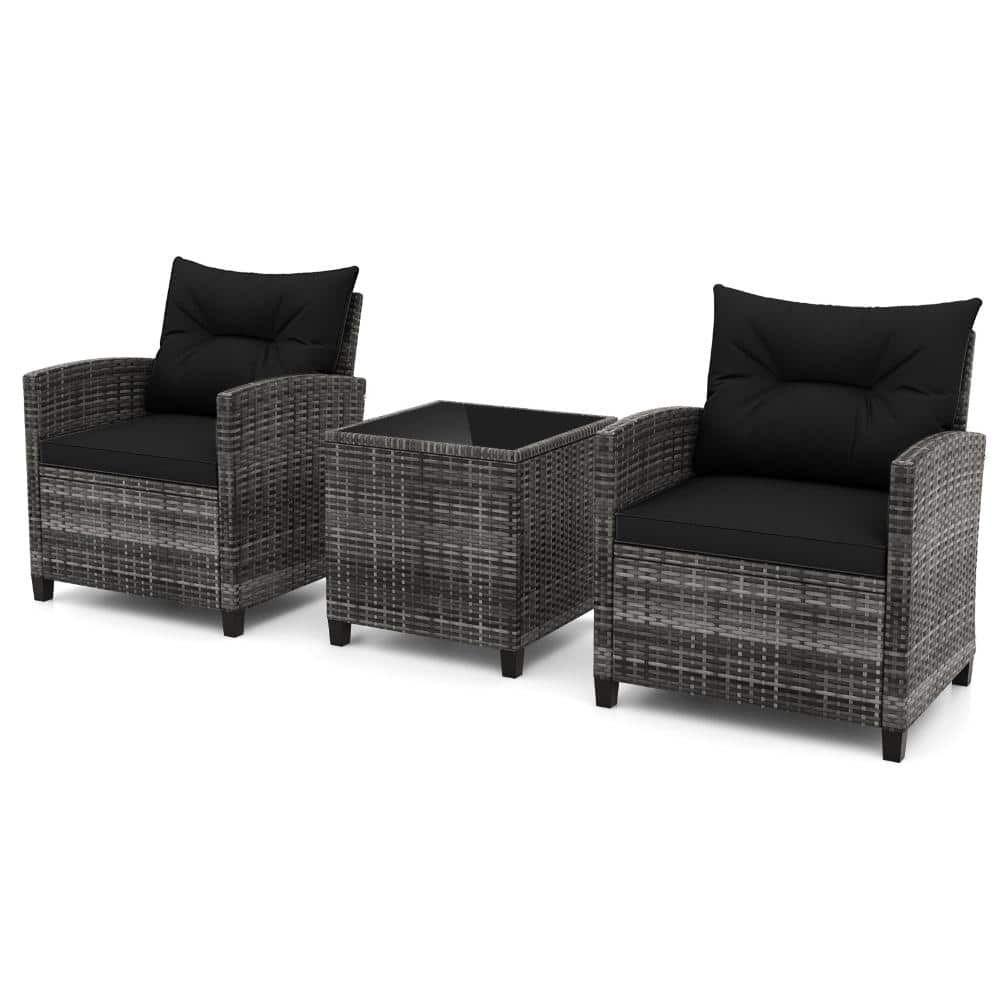 3-Piece PE Rattan Outdoor Patio Conversation Set with Tempered Glass Table and Cushions, Black price history on PriceWatchPro