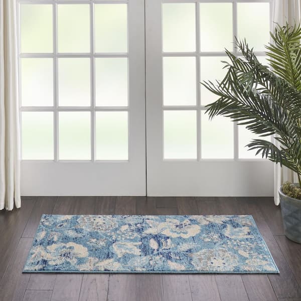 2 ft. x 4 ft. Turquoise Cream and Navy Blue Floral Distressed Area Rug